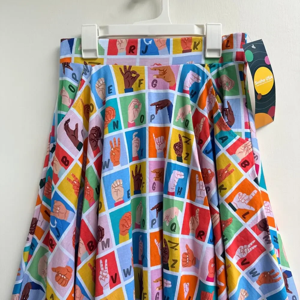 Svaha USA ASL Sign Language Alphabet Organic Cotton Twirl Skirt Pockets XS NWT